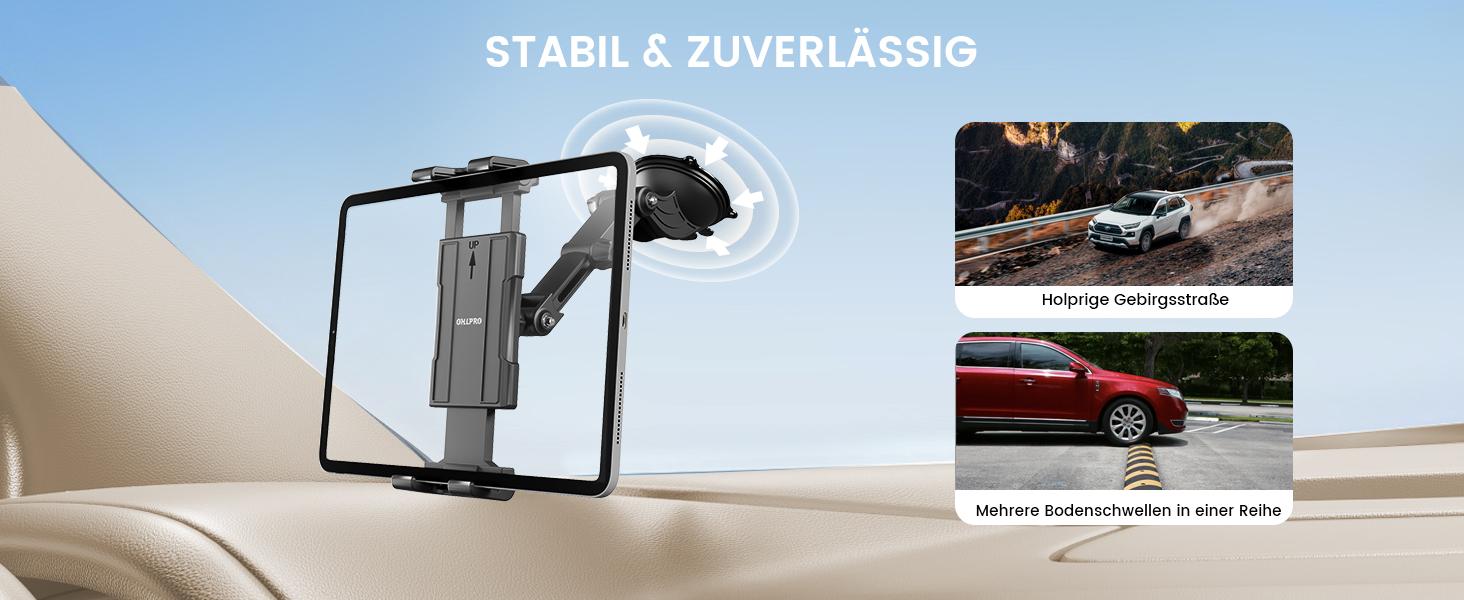 OHLPRO Tablet Holder Car, 360° Rotation Tablet Mounts, 18 cm, Extendable Arm + Washable Suction Cup, iPad Car Holder, Universal Windscreen & Dashboard for 5-13 Inch iPad, Sumsung, Smartphone