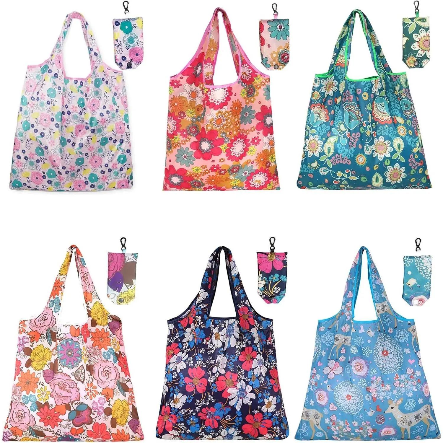 6 Pcs Reusable Shopping Bags Foldable, Machine Washable Shopping Grocery Bags in Pocket , Eco-Friendly Travel Recycle Shopping Bags, Waterproof Pouch Tote Bags for Daily Shopping Supplies loadGift