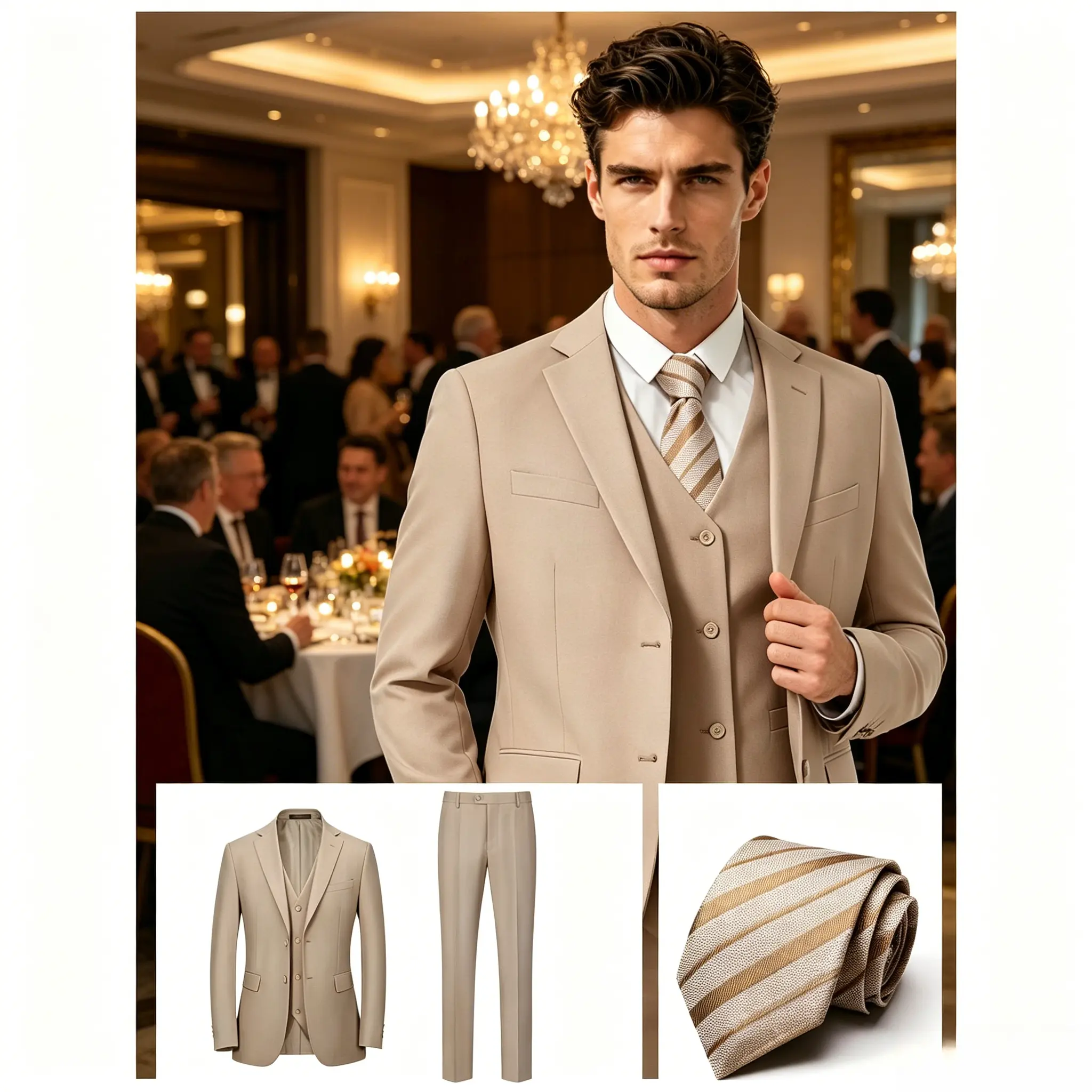 4-Piece Classic Champagne Men’s Suit Set | Double-Breasted Jacket, Vest & Trousers | Assorted Tie Options | Tailored Fit for Business Meetings & Special Events