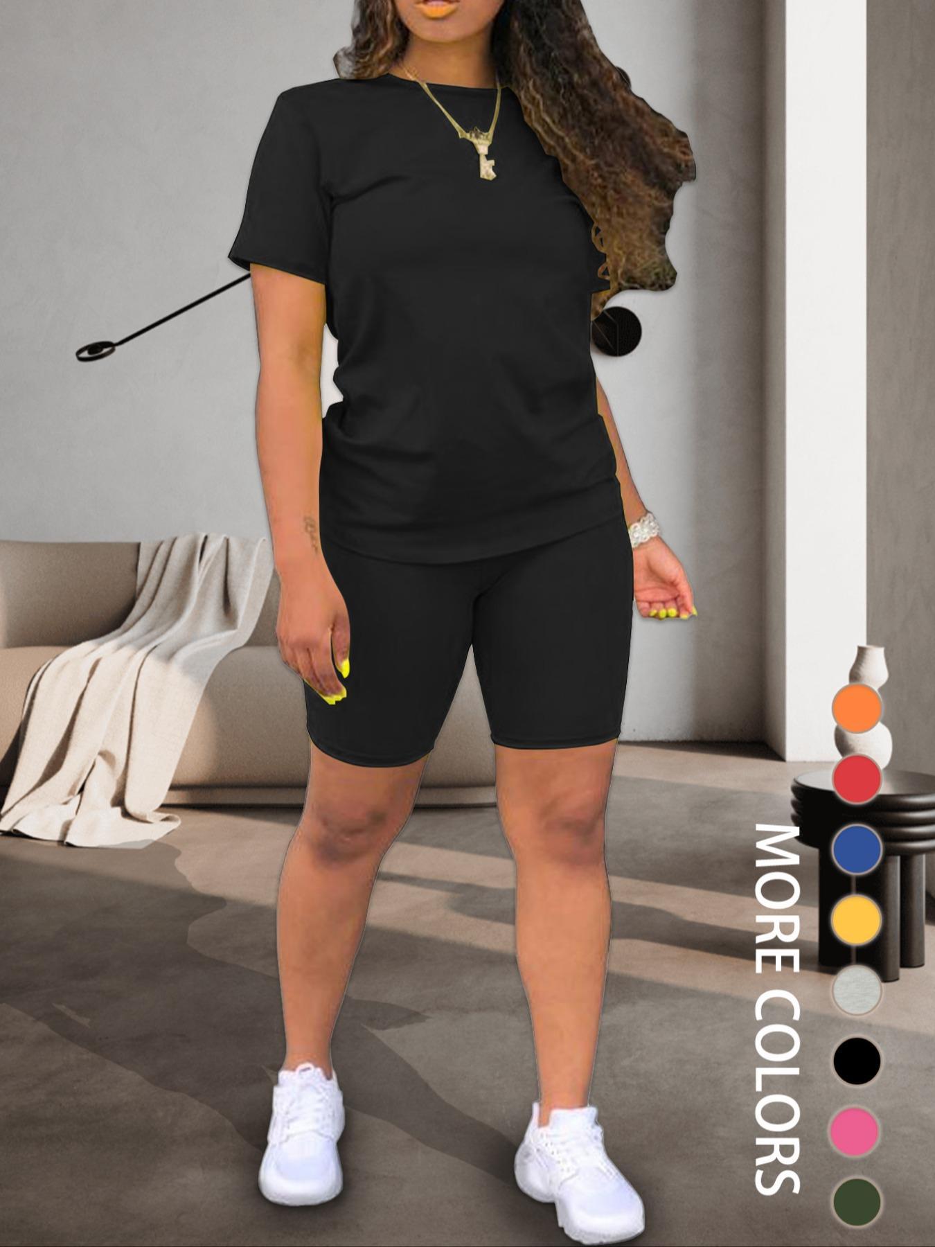 Two-piece Set Women's Fitted Plain Round Neck Tee & Skinny Shorts Set, Summer Clothes Women, Short Sleeve Crew Neck T-shirt & Shorts, Casual Summer Clothes for Outdoor, Cute Summer Outfit