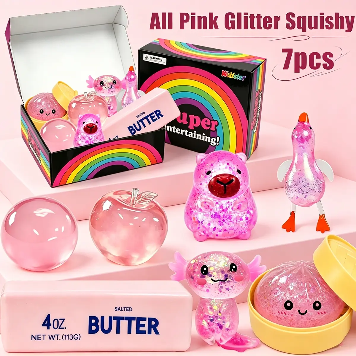 7 Pieces Pink Glitter Decompression Squishy Toy Pack, Mixed Cute Animal & Food Shaped Jelly Squeeze Fidget Toys, Soft Glitter Sensory Pinch Toys That Quickly Ease Stress and Calm Anxiety, Perfect Relax Desk Toy and Sweet Surprise Gift for Girls,