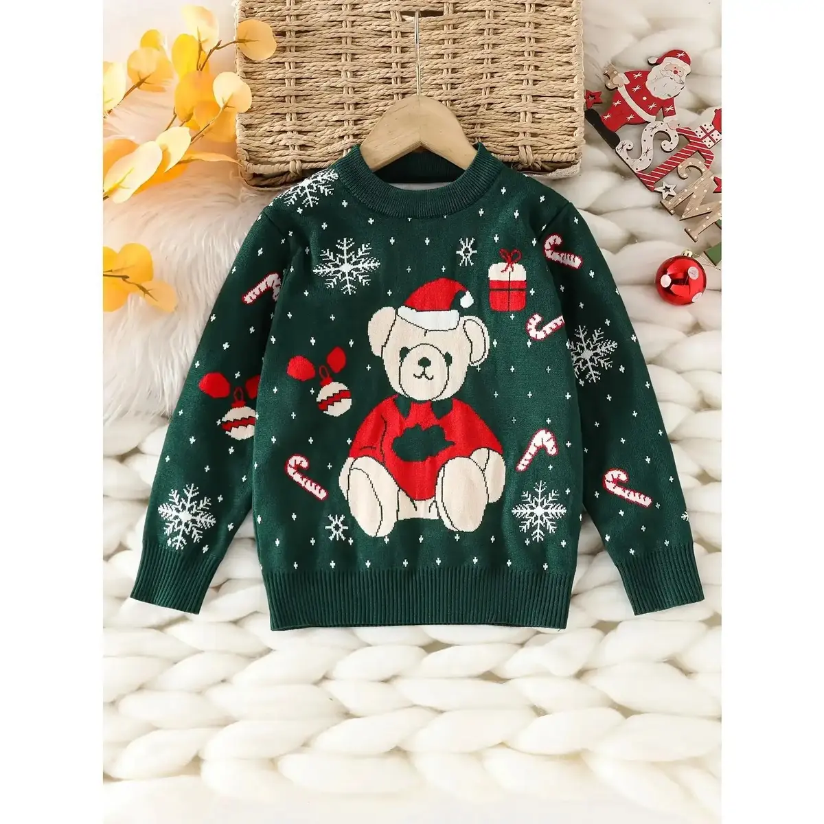 Boys' Christmas Sweater - Cozy Red Knit Pullover with Snowflake & Bear Design, Long Sleeve, Round, Fall/Winter, Christmas Sweater Boys, Christma Jumper Kid , Christma Jumper Boy, Sweater Boy/young, Boy Winter Clothes