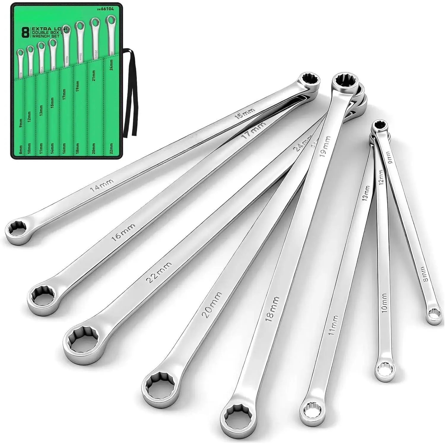 8PCS Extra Long Double Box End Wrench Set, CR-V, Less Effort Aviation Wrench Metric 8mm - 24mm combination wrench green wrench hand tool tool gift christmas gift mechanic tool car repair wrench set