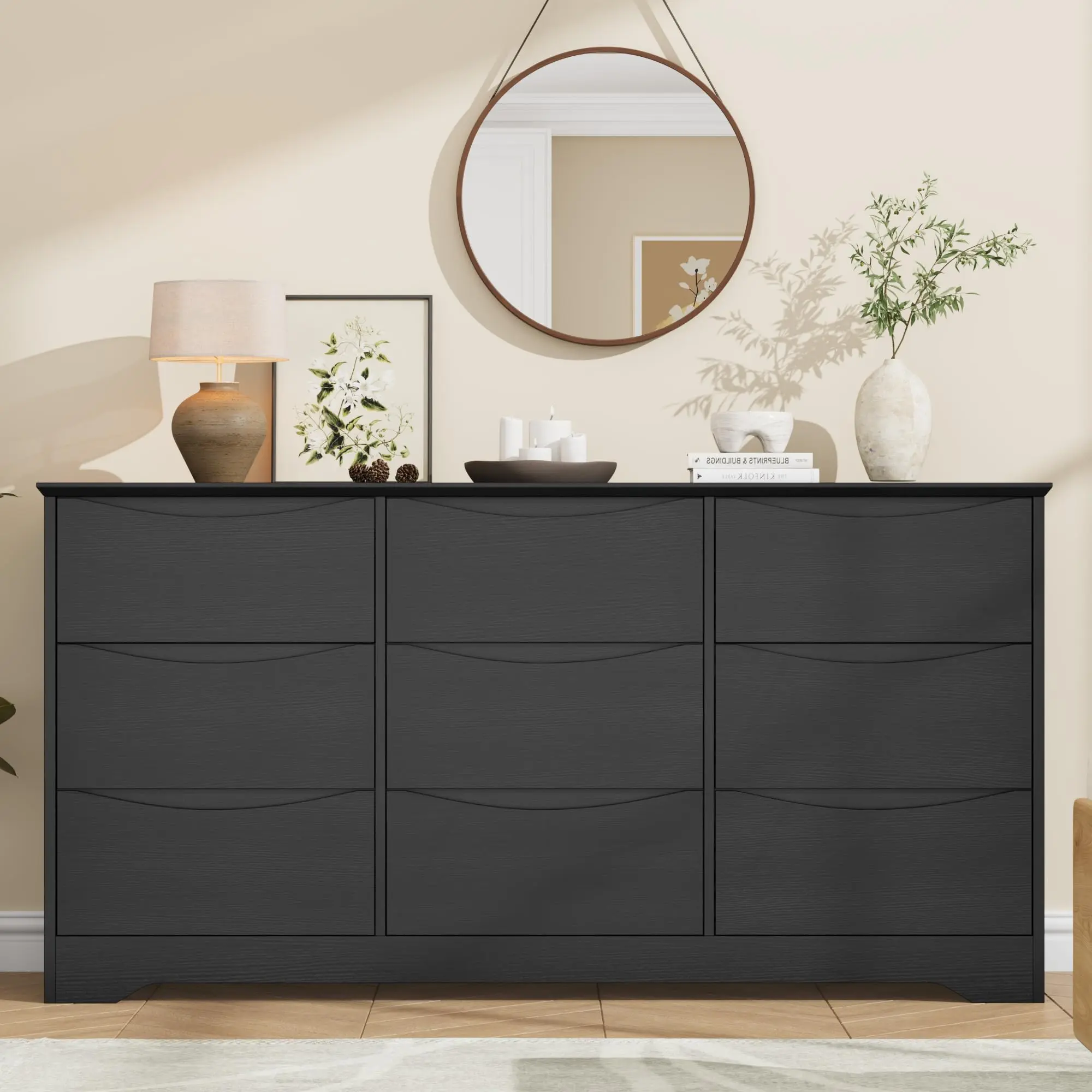 9-Drawer Wooden Dresser - Spacious Tall Modern Chest with Deep Drawers, Wide Top - Ideal for Bedroom, Living Room, Kids Room, Hallway - Black/Walnut/Wood