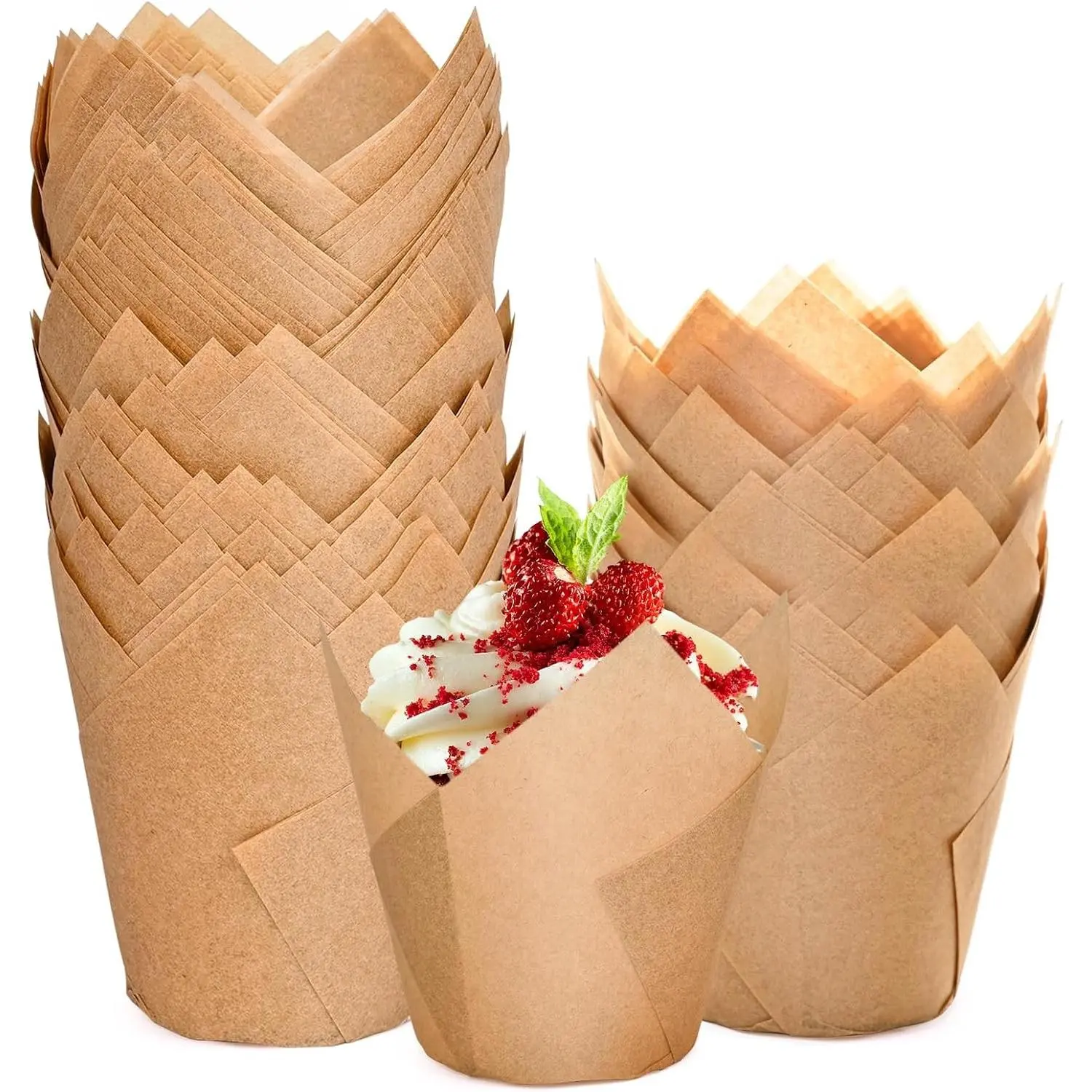 200pcs Natural Tulip Cupcake Liners, Premium Muffin Liners Holders for Baking Cups, Greaseproof Cupcake Wrappers in Standard Size, Classic Parchment Paper Cupcakes Liner by JIRNGLA