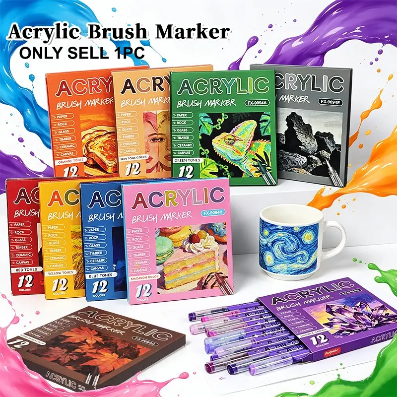 Professional Art Markers Set, 12 Soft Tip Acrylic Pens, Adjustable Line Width, Ideal for Cardstock, Cups, Leather, Realistic Landscape Drawing