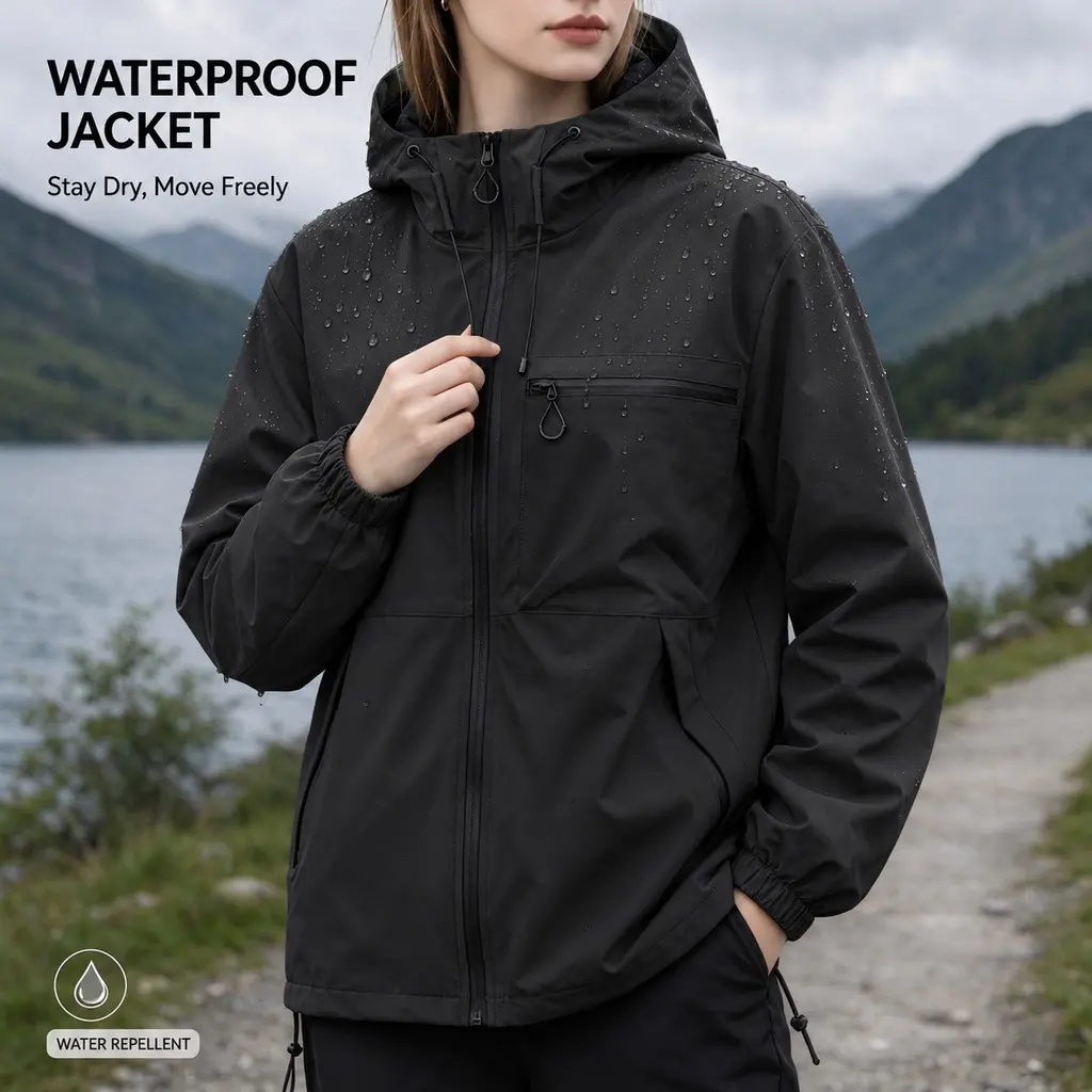 Women’s multifunctional waterproof hardshell jacket, windproof, wear-resistant, tear-resistant, breathable fabric, relaxed drop-shoulder design, multi-pocket design—ideal for outdoor camping and city commuting.
