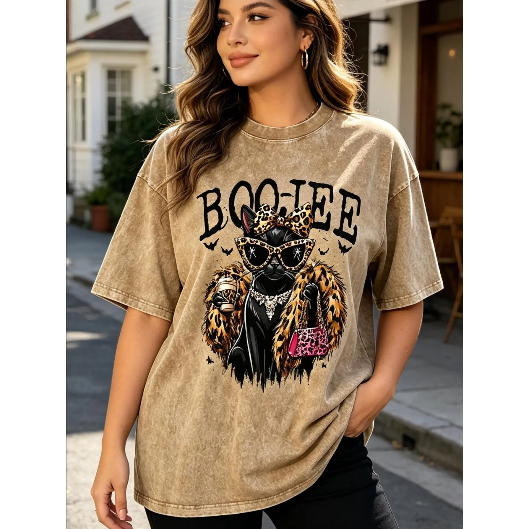 Chic Leopard Print Graphic T-Shirt for Women, Modest Oversized Washed Cotton Tee with Drop Shoulder, Casual All Seasons Streetwear Top, Romance, Loose Cut, Basic, Soft Cotton, Cute, Elegant, Round Neck, Classic, Fashion