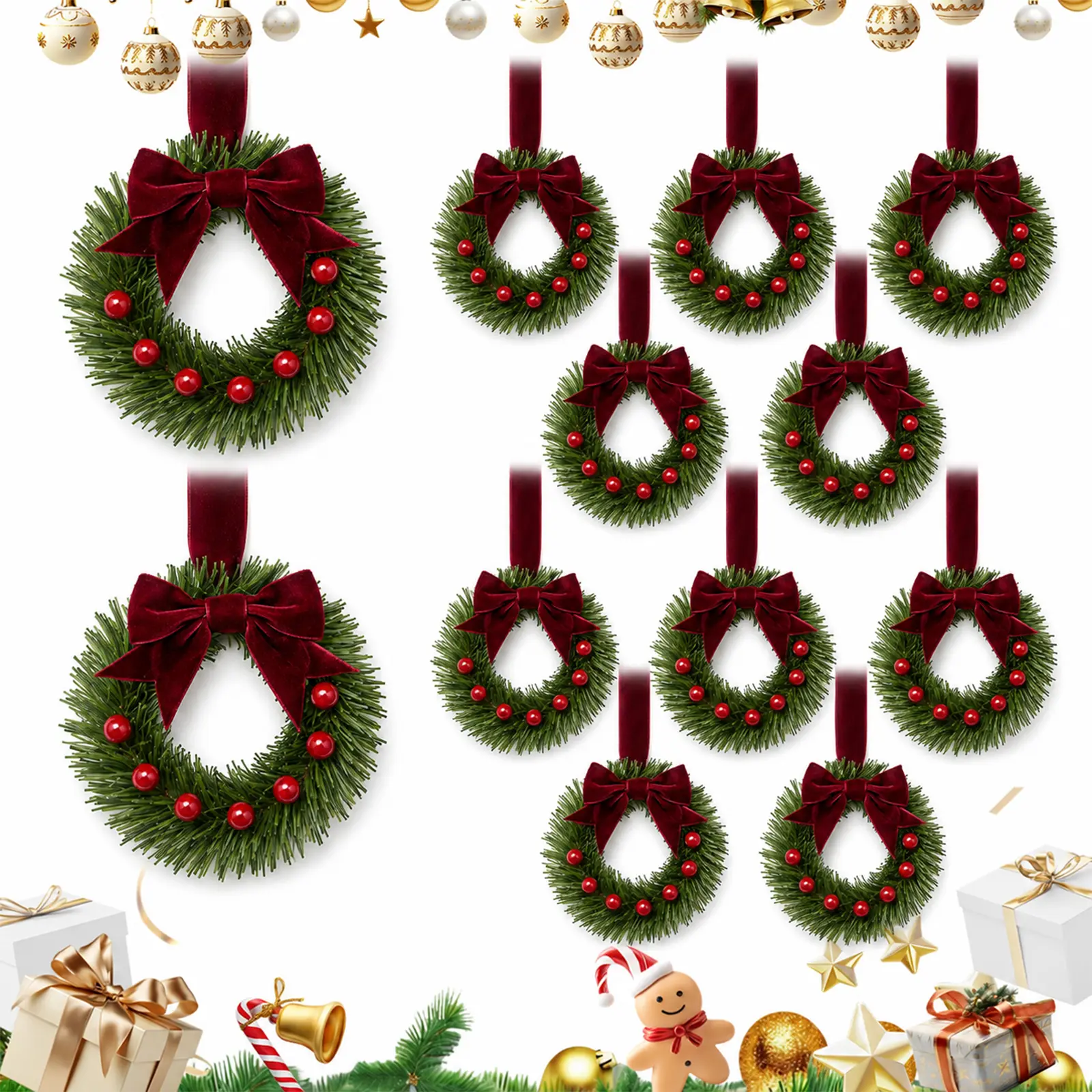 12 Pcs Mini Christmas Cabinet Garland Wreaths with Red Berries & Velvet Bow — PVC Artificial Holiday Garland for Cabinet Doors, Chair Backs, Kitchen Decor, Mantel, Window — Festive Home Christmas Decoration Set