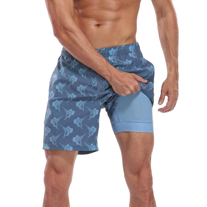 Mens Printed 7" Inseam Swim Trunks with Compression Liner Swimming Shorts,Beach Quick Dry Fabric Front Pockets & Adjustable Drawstring - Swimming Shorts