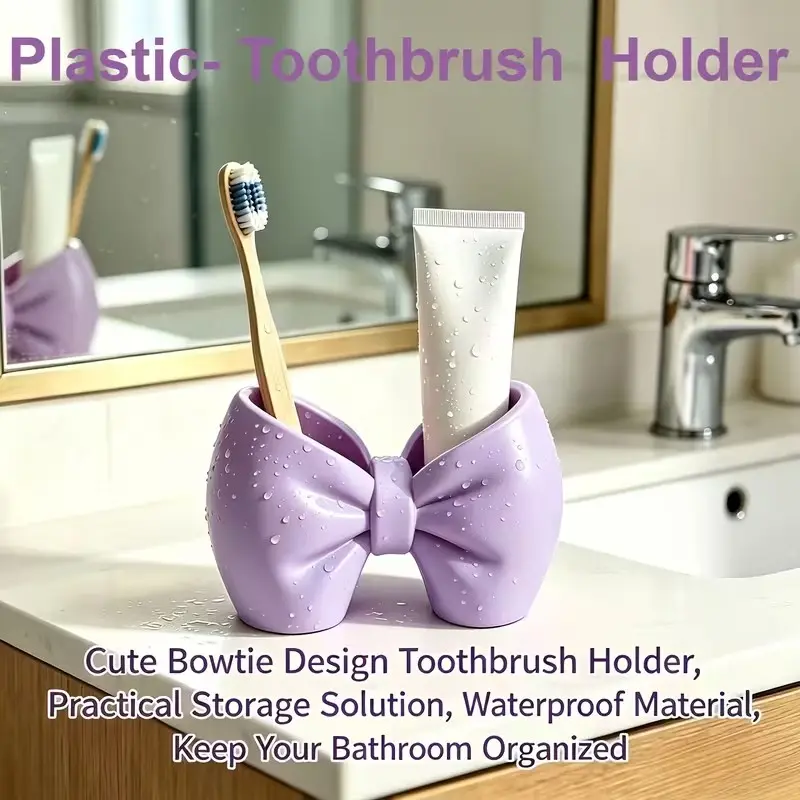 Cute Bow Toothbrush Holder, Plastic Stand for Bathroom and Bedroom, No Installation Needed, Pen Holder Decorative Accessory