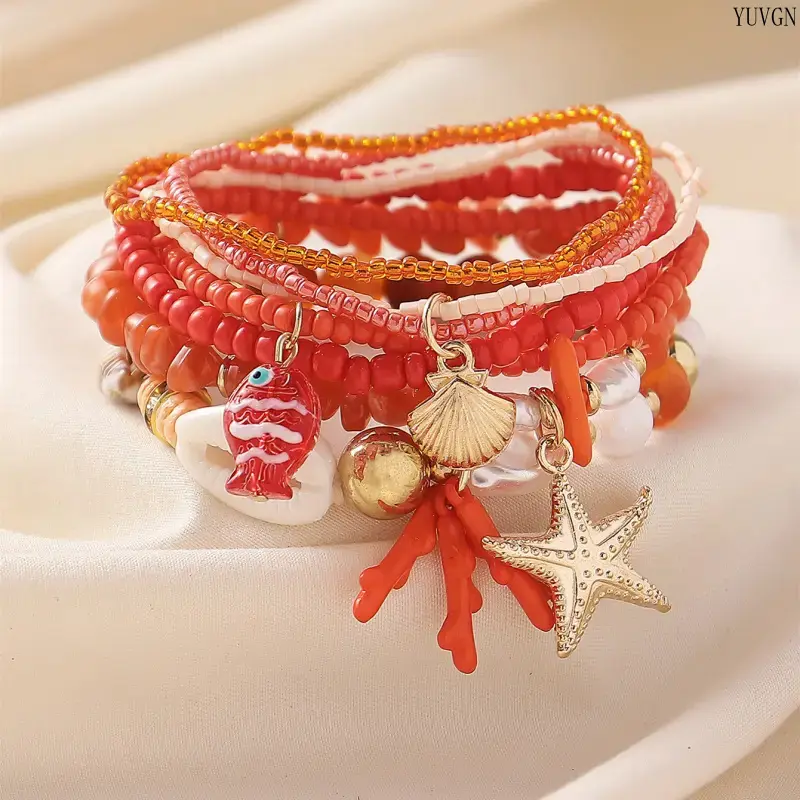 Women's Boho Stackable Beach Theme Bracelet - Coral Fish Charm, Starfish Charm - Leisure Outdoor Beach Vacation Jewelry