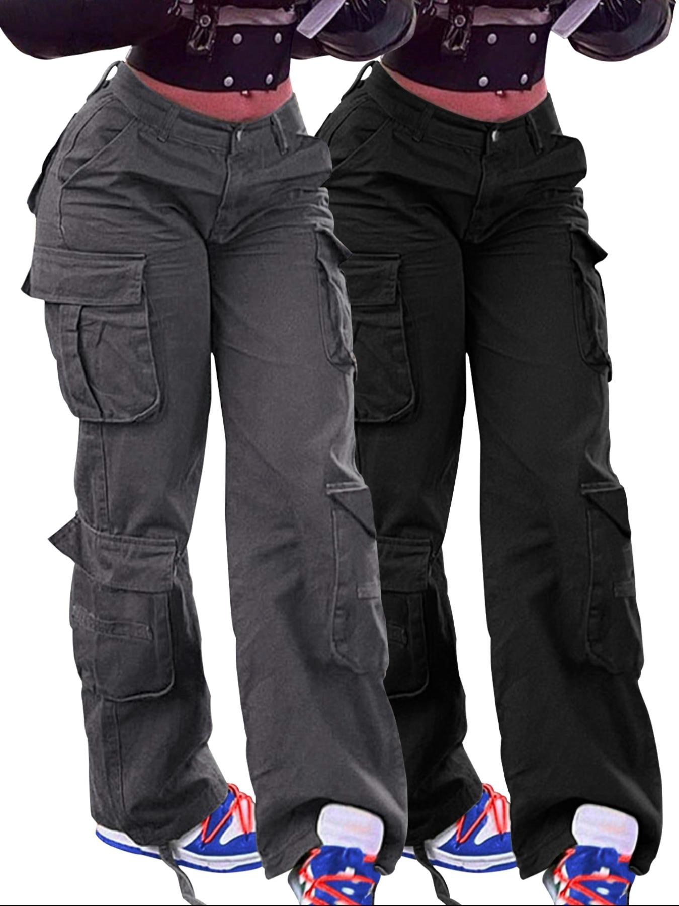 Women's Plain High-Waisted Cargo Pants with Pockets and Drawstring, Fashion Y2K K-Pop Style Streetwear Trousers for Daily Wear, Ladies' Baggy Pants for Fall & Winter