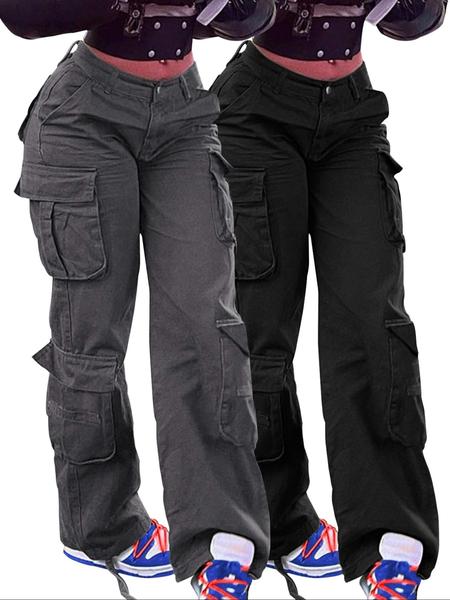 Women's Plain High-Waisted Cargo Pants with Pockets and Drawstring, Fashion Y2K K-Pop Style Streetwear Trousers for Daily Wear, Ladies' Baggy Pants for Fall & Winter