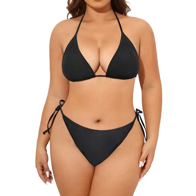 Tempt Me Women Plus Size Triangle Bikini String Two Piece Halter Tie Side Swimsuit Mid Waisted Bikini Sets for Women Plus Size Bathing Suit