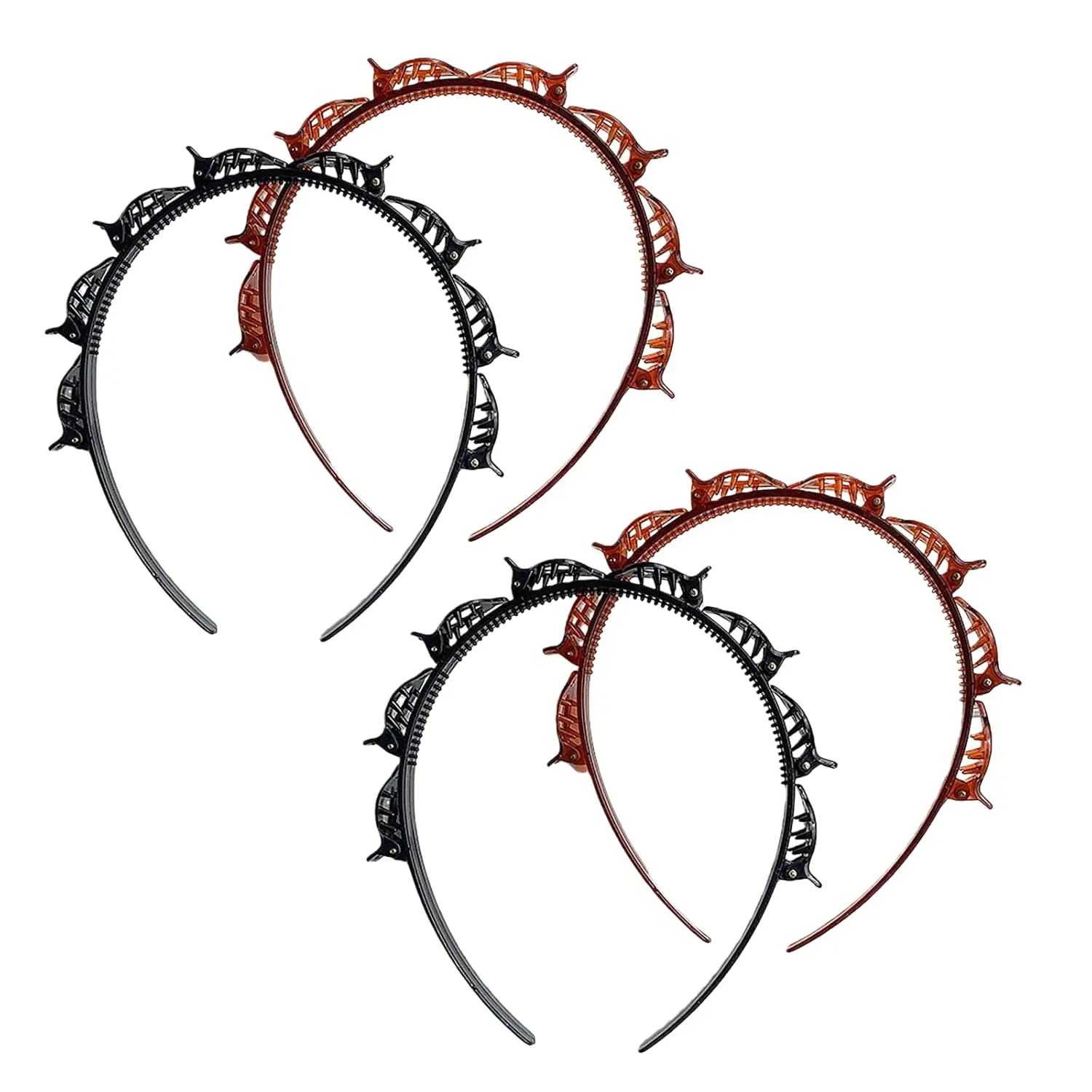 4 count Double Bangs Hairstyle Hairpin Headband With 8 Small Clip,Women Double Layer Twist Plait Hair Tools for Curly,Thick Hairs,Toothed Hair Bands Braid Tool Hair Accessories,Black and Reddish brown