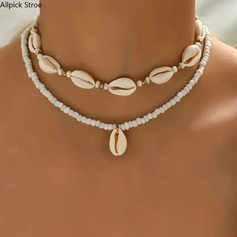 Women's 2PCS Boho Style Necklace Set - Handmade Adjustable Beaded Chain, White Artificial Shell Pendant, Vintage Ethnic Charm for Party Wedding, Luggage Bag Accessory
