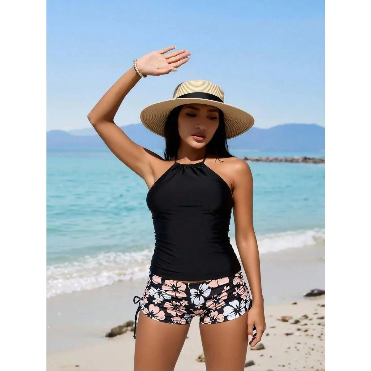 Women's 2026 New Fashion Tummy Control Tankini Set - Black Halter Top with Floral Print, Drawstring Short Length Boyshort Bottom, Female Wear for Beach Vacation, Poolside Swim, Slim Fit, Drawstring Bottom, Slim Cut, Knit Fabric, Pool/Beach