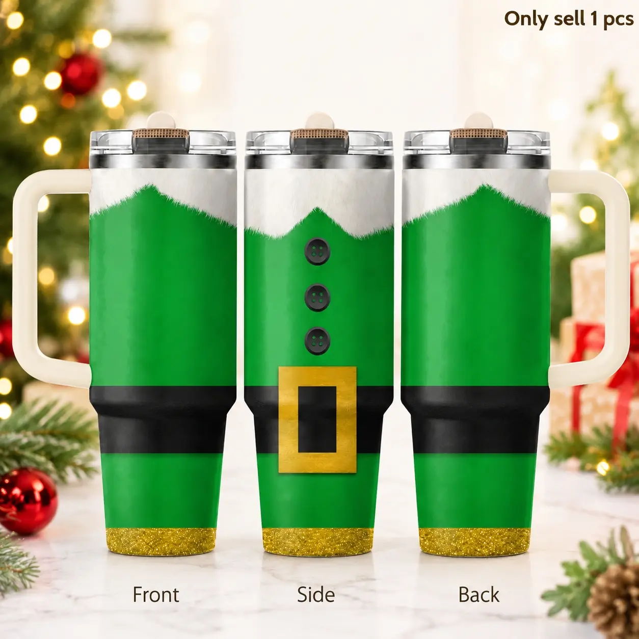 Santa Belt Holiday 40oz Tumbler – Christmas Inspired Stainless Steel Insulated Cup with Handle & Straw Lid for Coffee, Water, Winter Gatherings, Office, Car, Cute Festive Gift