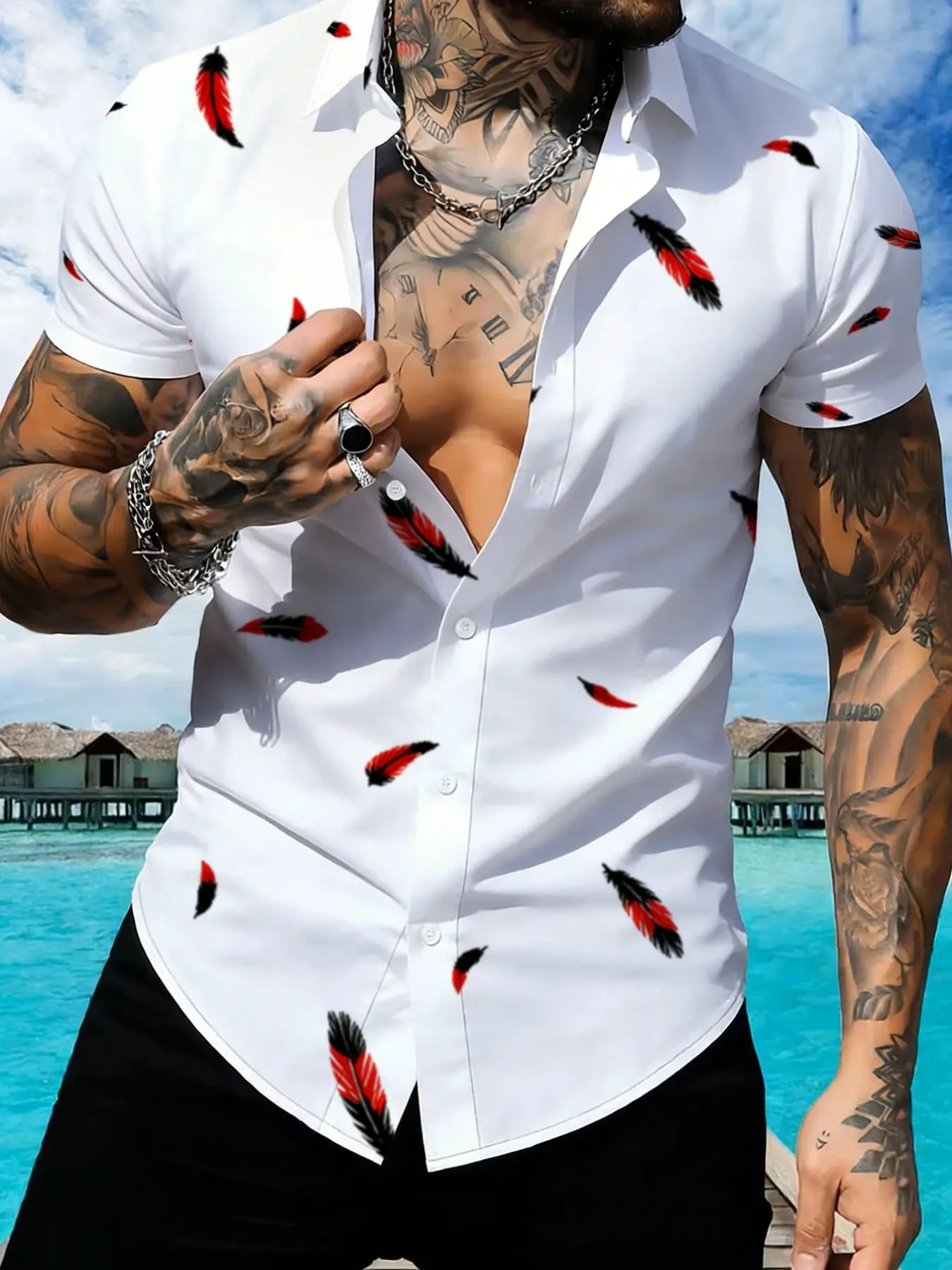 White Feather Print Short Sleeve Collared Shirt for Men, Slim Casual Shirt, Summer Fashion Trendy Men's Top