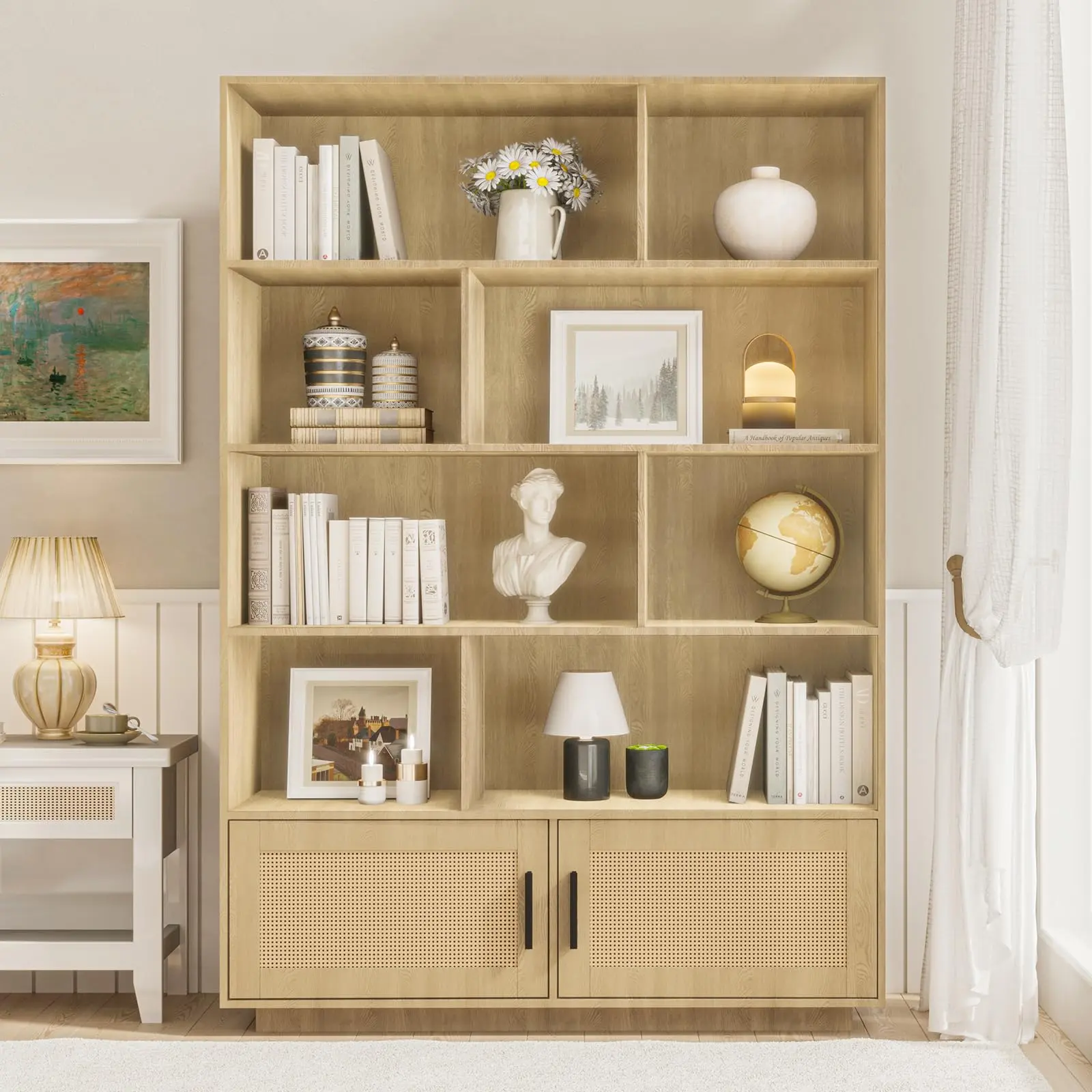 5 Tier Boho Bookshelf with Rattan Doors, Wooden Bookcase with Storage (4 Open Shelves + 1 Enclosed Compartment), Tall Book Stand, MDF Large Storage Shelf for Living Room, Bedroom