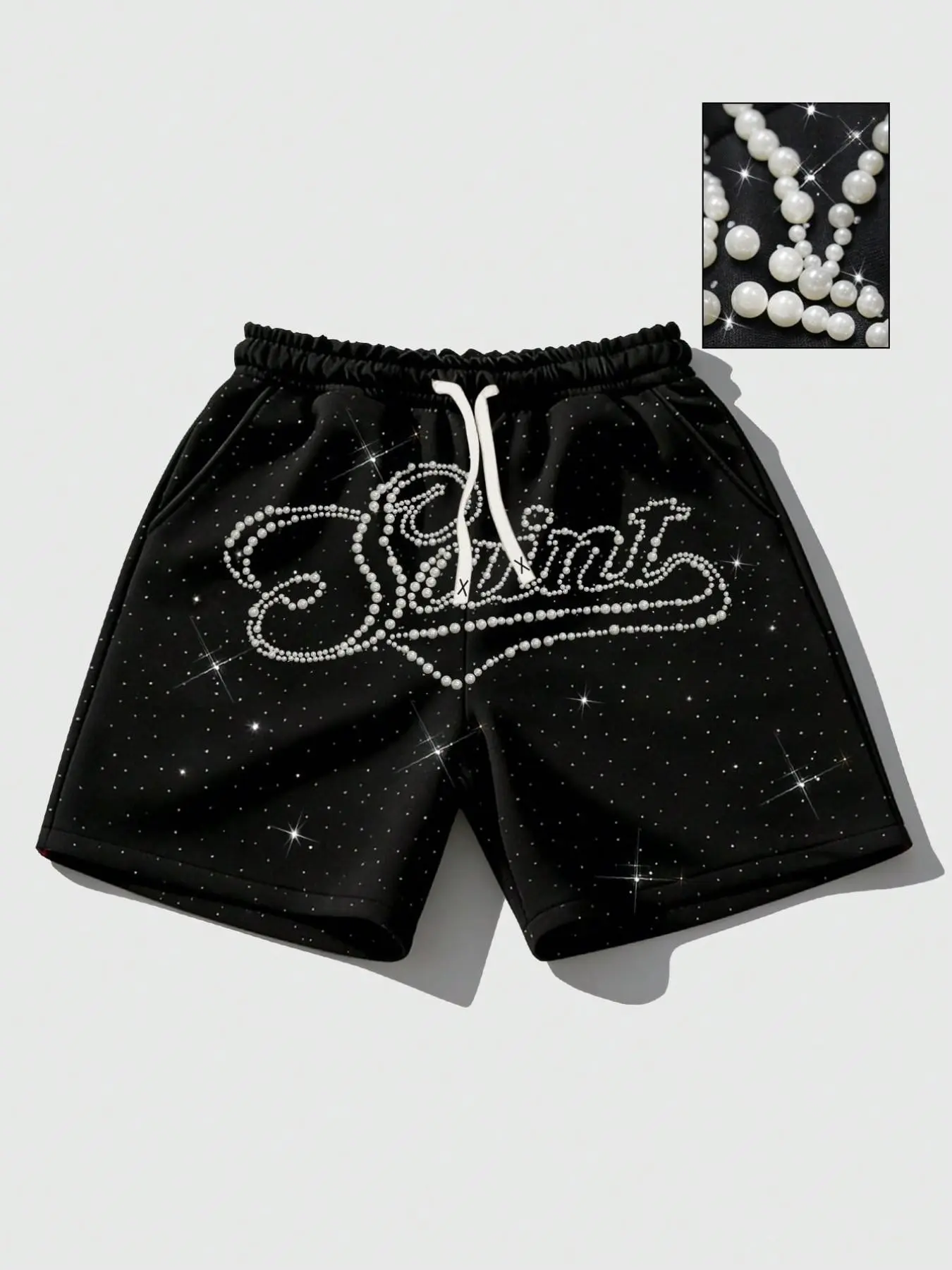 Shining rhinestone Drawstring Adjustable Loose shorts for men and women, American Style Shorts, slogan letter three-dimensional craft shorts, summer casual shorts for outdoor wear, beach shorts for American street fashion brand hot stamping shorts