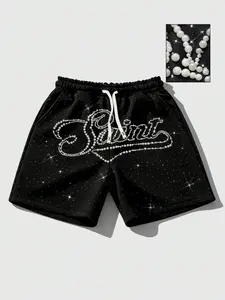 Shining rhinestone shorts for men and women, slogan letter nail pearl three-dimensional craft shorts for men, summer casual fashion shorts for outdoor wear, beach shorts for European and American street fashion brand hot stamping shorts, saint