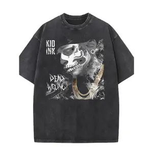 Acid Wash Distressed Short Sleeve T-Shirt For Men Women, Kid Ink Dead Wrong Skull Gold Chain Smoke Gothic Hip Hop Vintage Graphic Oversized Crew Neck Casual Grunge Streetwear Soft Knit Cotton Daily Street Fashion Top