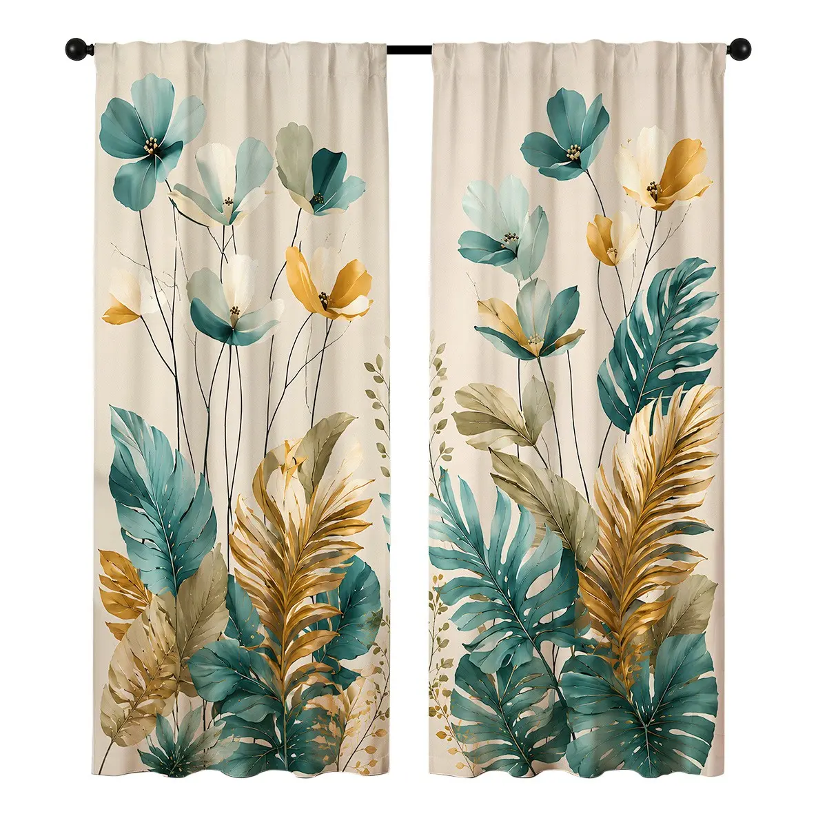 Cream Base Tropical Palm Leaf Floral Window Curtain Set 2 Panels, Curtains Floral, Smooth Anti-Crease Textile, Gentle Nature-Focused Statement Decor For Rest & Lounge Spaces