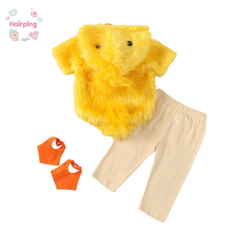 Baby Chick Costume Outfit Set, 3PCS Furry Hooded Romper + Pants + Booties, Cute Easter/Halloween Animal Themed Infant Clothes, Ideal for Photoshoot & Holiday Gift