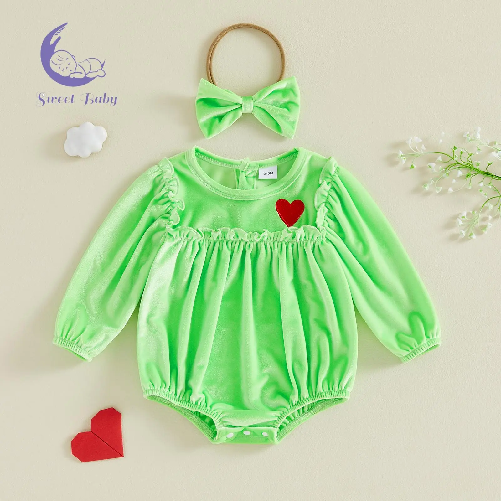 Baby Girls Christmas Outfits Adorable Heart Embroidery Long Sleeve Fuzzy Romper and Bow Headband Set