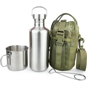 Canteen  Single Wall Water Bottle with  Nested Camping Cup and Carrier Bag, Stainless Steel, Gear, Wide Mouth Water Bottle, Survival Gear, Water Boiler, Self Reliance
