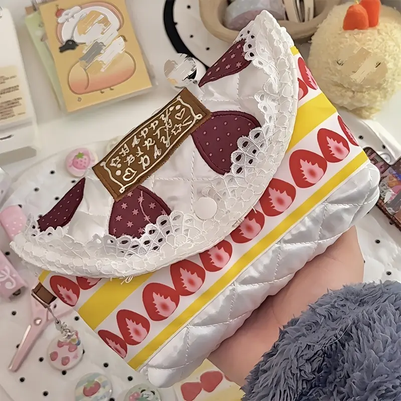 Korean cute lace strawberry print storage bag Large capacity button makeup bag sweet girl style stationery storage bag self-partition cosmetics notebook sticker pen tools Student commuting travel high appearance level portable sundry storage bag