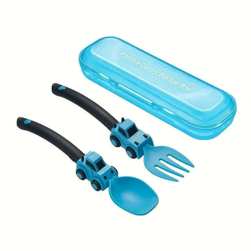 Summerwins Cartoon Vehicle Shapes Kids Construction Themed Fork Spoon Set, Easy-Grip Self-Feeding Utensils for Self Eating, Food-Safe Dishwasher-Safe with Clear Portable Storage Box, Birthday Gift for Travel