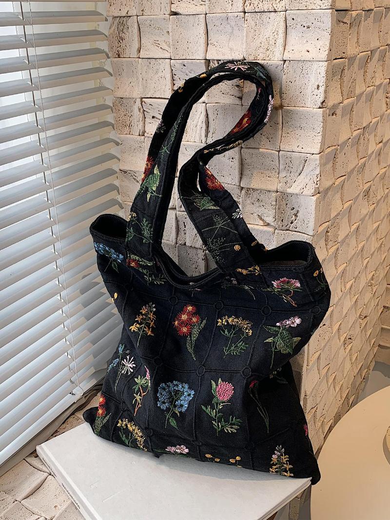 Women's Floral Pattern Embroidered Tote Bag, Fashionable Summer 2024 Large Capacity Shoulder Bag for Teen Girls, Women, Casual Tote Bag