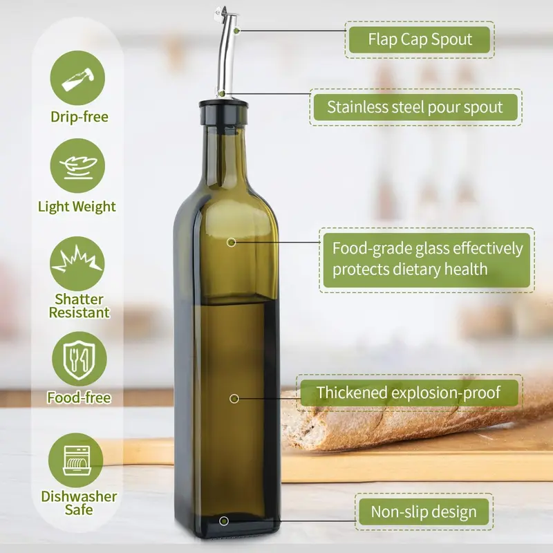 Olive Oil Dispenser Bottle, 2 count Green Glass Oil Bottle for Kitchen, Oil and Vinegar Dispenser Set with Pourers and Funnel -17oz Green Olive Oil Bottle Dispenser