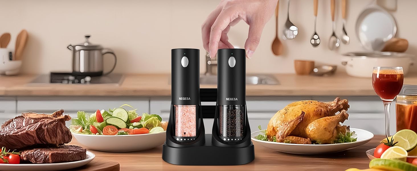 Electric Salt and Pepper Grinder Set with Rechargeable Base - Automatic Refillable Electric Salt and Pepper Shakers with Large Capacity, LED Light & Adjustable Coarseness, Black