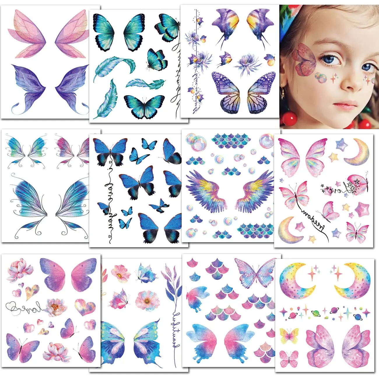 Glitter Butterfly Tattoos for Girls Women - 12 Sheets Glitter Butterfly Face Temporary Tattoos for Girls Party Favors Festival Makeup
