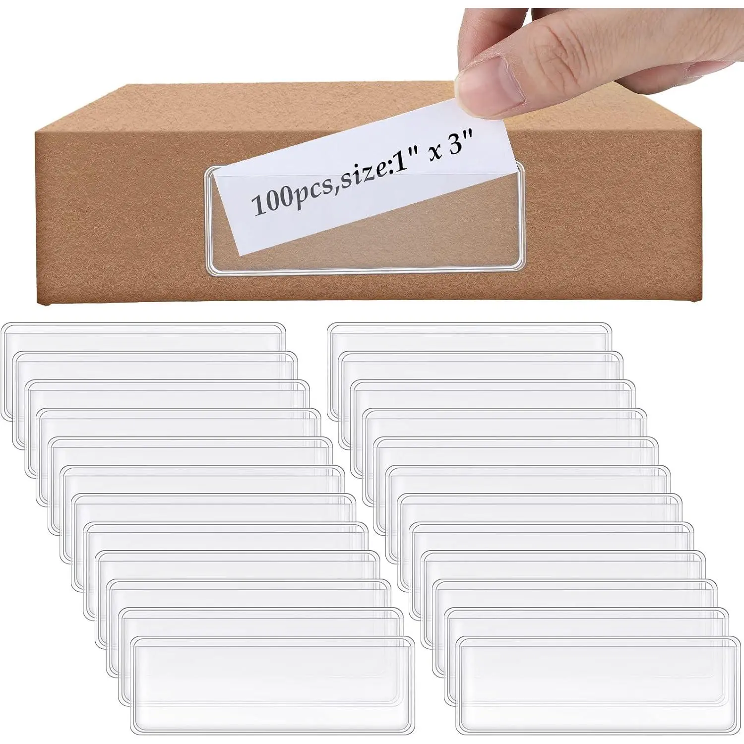 100 count Label Holder Self Adhesive Clear Pocket Bulk 3x1 Inch | Plastic Sticking Shelf Tag for Shelf, Cabinet, Storage Bin Organization, Easy Peel Stick, PVC,  and Reliable