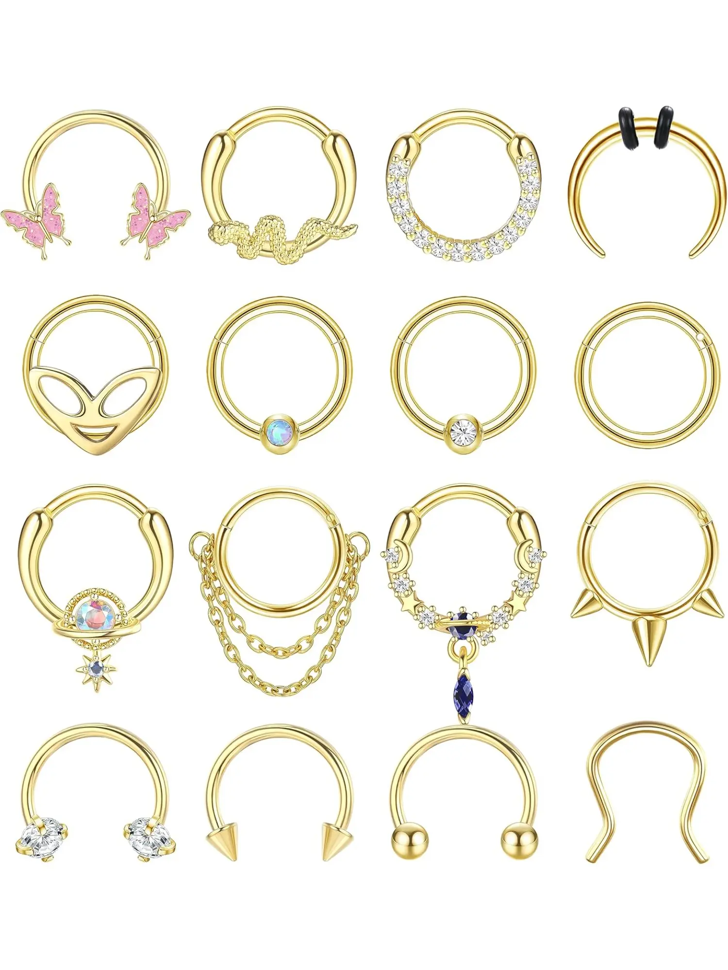 16Pcs 16G Surgical Steel Septum Clicker Rings for Women Men, Hinged Horseshoe Dangle Nose Hoops Multi Use Daith Helix Tragus Cartilage Piercing Jewelry Set