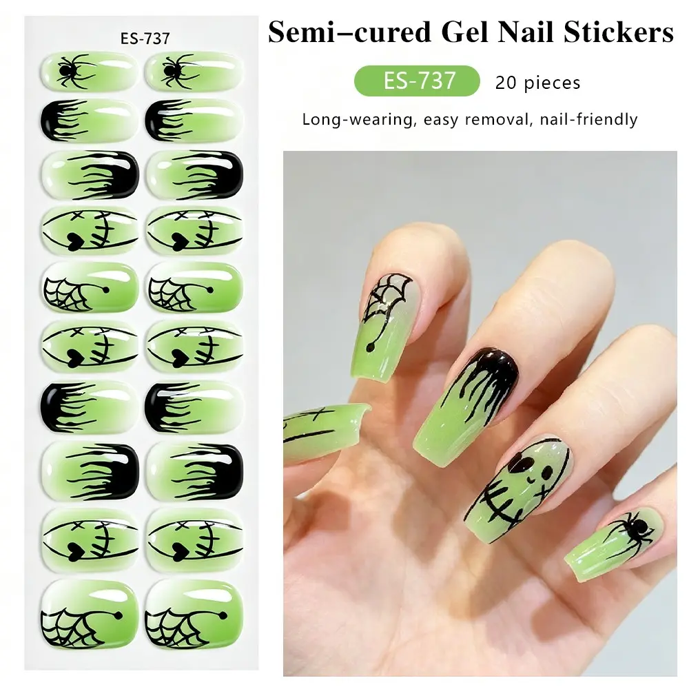 Halloween Series 20 Finger Gel Nail Art Stickers, UV Light Curing, Semi-Permanent, Easy Application, Perfect for Festive Looks