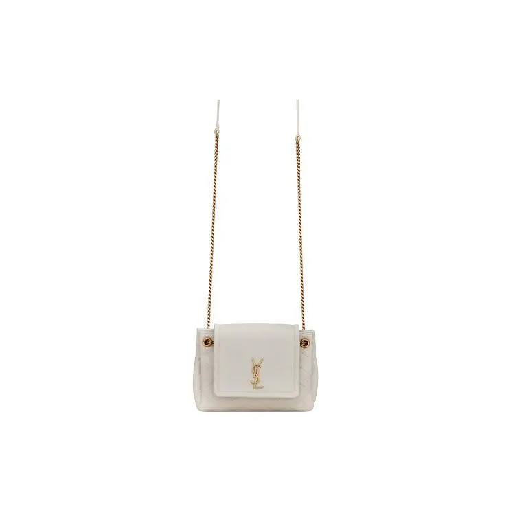 Saint Laurent YSL Nolita Mini Crossbody Bag for Women, Chevron-Quilted Lambskin with Bronze-Tone Hardware, White