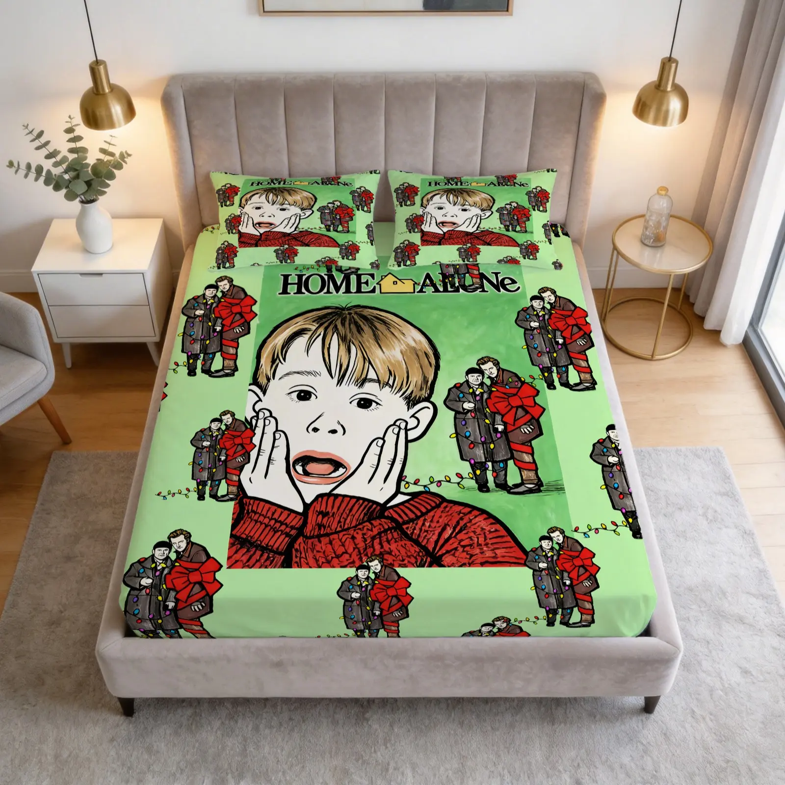 Home Alone Printed Pattern Bed Sheet Set, Bedding Set, Christmas Theme, 1 Bed Sheet With 2 Pillowcases (Excluding Pillow Core), Suitable For Teenage And Adult Bedrooms, Suitable As Decoration And Gift