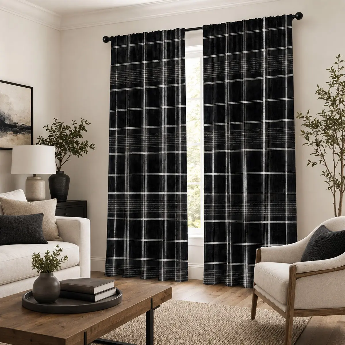 2pcs Retro black and white checkered curtains; modern minimalist black and white checkered print; pocket rod installation; geometric digital print semi-blackout curtains; suitable for living rooms, bedrooms, etc.