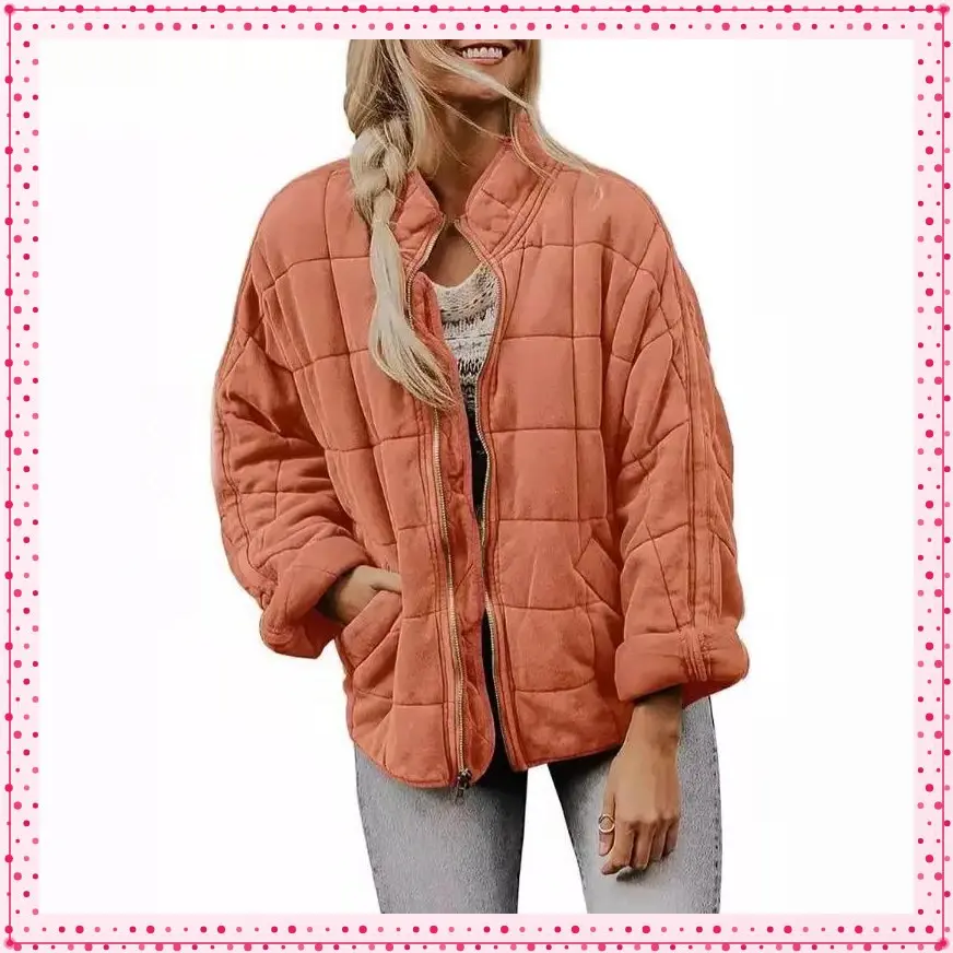 Women's Vintage Oversized Cotton Coat Down Quilted Zipper Jacket Harajuku Stand Collar Long Sleeve Top