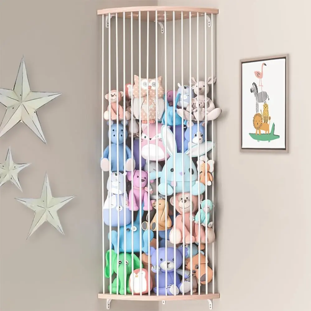 Stuffed Animal Storage, Wood Corner Plushies Storage, Toy Holder Organizer Shelf for Nursery Play Room Bedroom Kid Room,Wall-Mounted Shelf for Kids