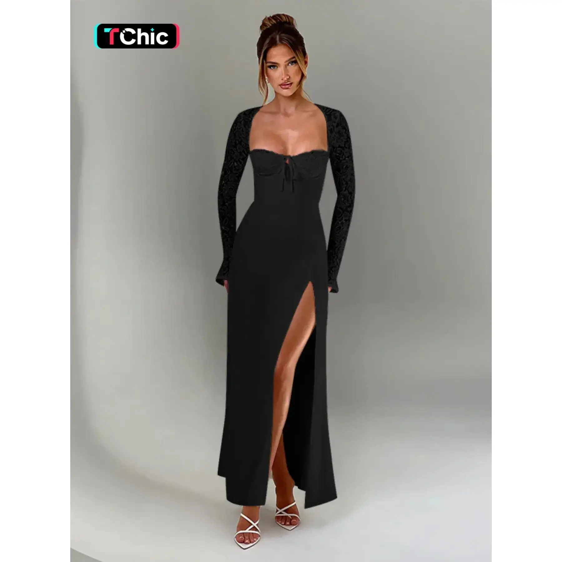 Women's Patchwork Lace Backless Split Thigh Party Dress, Chic Elegant Fit, Elegant Sweetheart Neck Tie Front Maxi Dress for Evening Party Gown, Ladies Fall & Winter Clothes