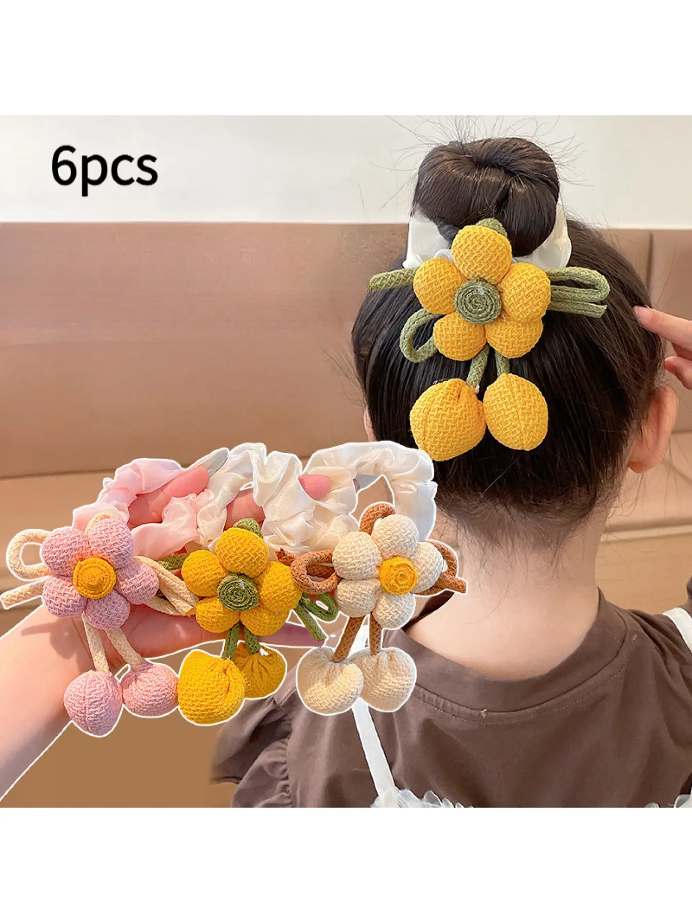 6 Pcs Knitted Flower Hair Scrunchies for Girls Bow Tassel Ponytail Holders Cute Hair Accessories for Kids Double Buns Hairstyle