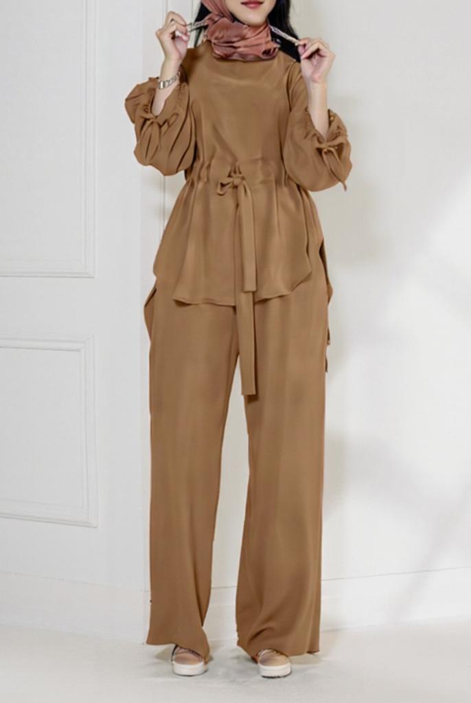 Middle Eastern Muslim Two-Piece Set: Solid Color Drawstring Tie-Up Top and Wide-Leg Pants for Women, Elegant Arabian Outfit with Round Neckline, Modest Fashion, Casual Wear, Stylish Ensemble, Elegant Design, Breathable Material, Lightweight Fabric, Muslim