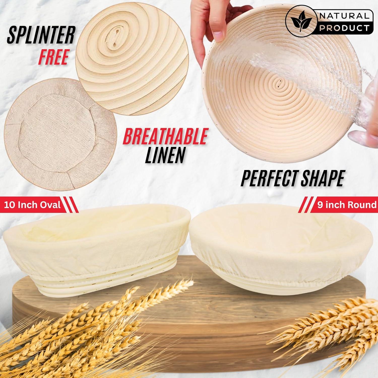 SUNDAY MIRTH Sourdough Starter Kit, Bread Baking Supplies with 9" Round & 10" Oval Banneton Proofing Baskets, Glass Starter Jar, Measuring Cup, Whisks, Scrapers & Lame.Complete Baking  for Beginners